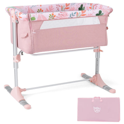 Folding Baby Bassinet Bedside Sleeper with 4 Adjustable Heights-Pink