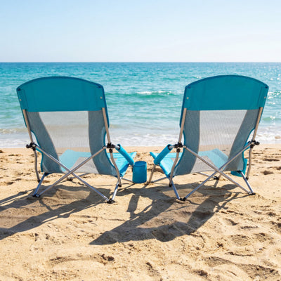 Folding Beach Chairs Set of 2 Portable Lightweight Low Seat Chairs with Padded Armrests-Blue