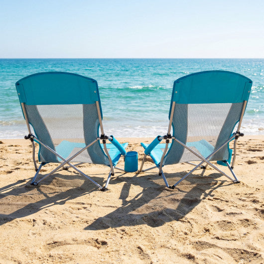 Folding Beach Chairs Set of 2 Portable Lightweight Low Seat Chairs with Padded Armrests-Blue