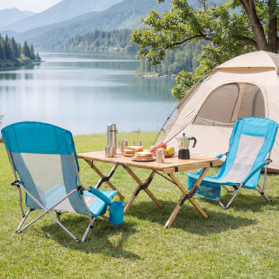 Folding Beach Chairs Set of 2 Portable Lightweight Low Seat Chairs with Padded Armrests-Blue