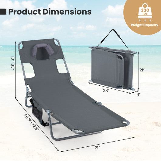 Folding Beach Lounge Chair with Adjustable Backrest for Lawn-Gray