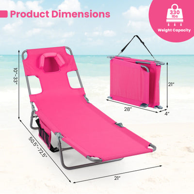 Folding Beach Lounge Chair with Adjustable Backrest for Lawn-Pink