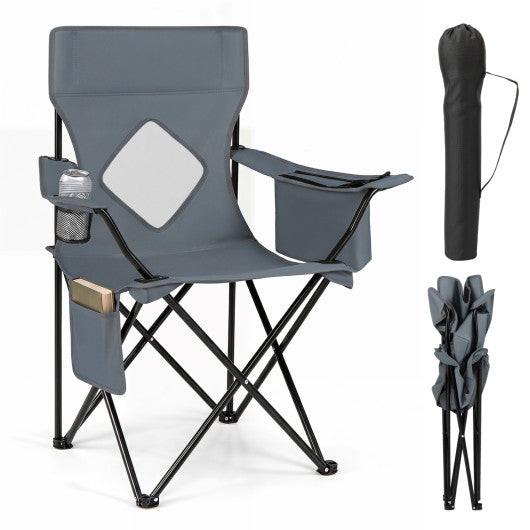 Folding Camping Chair with Mesh Fabric Backrest Solid Metal Frame and Carrying Bag-Gray