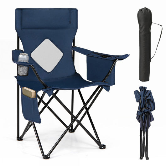 Folding Camping Chair with Mesh Fabric Backrest Solid Metal Frame and Carrying Bag-Blue
