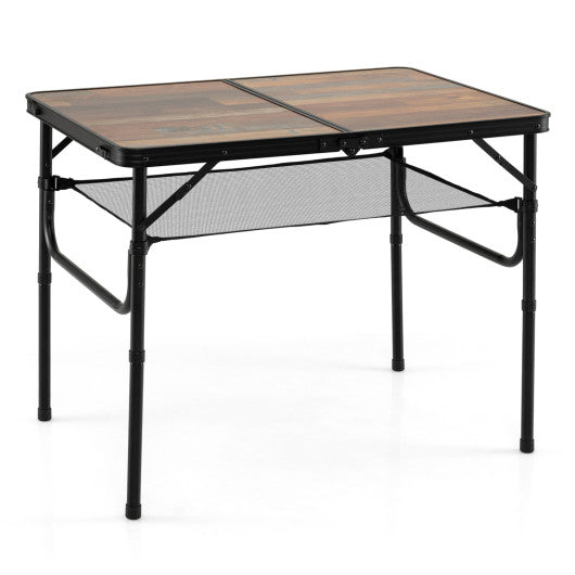 Folding Camping Table with Adjustable Heights Storage Net & Handle-Black & Brown