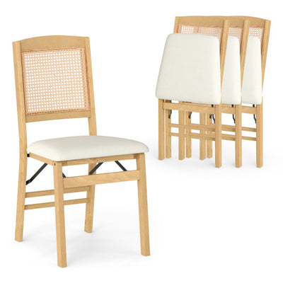 Folding Dining Chairs Set of 4 Rubber Wood Chairs with Linen Padded Seat-Natural