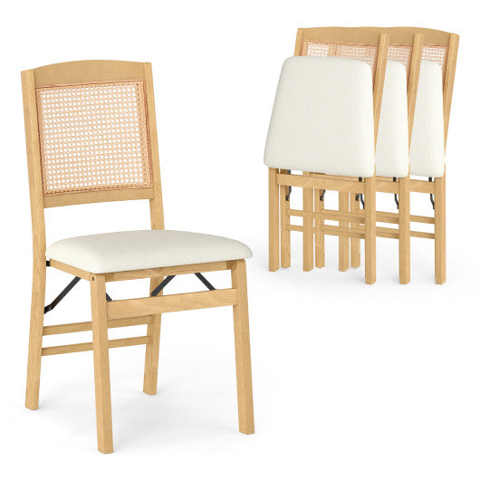 Folding Dining Chairs Set of 4 Rubber Wood Chairs with Linen Padded Seat-Natural