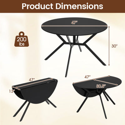 Folding Dining Table 47 Inch Extendable Round Kitchen Table with Drop Leaves-Black