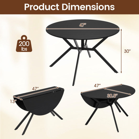 Folding Dining Table 47 Inch Extendable Round Kitchen Table with Drop Leaves-Black