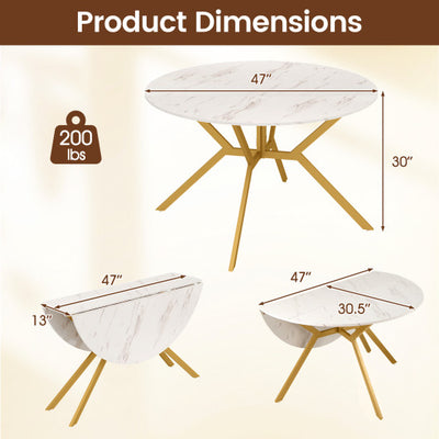 Folding Dining Table 47 Inch Extendable Round Kitchen Table with Drop Leaves-White