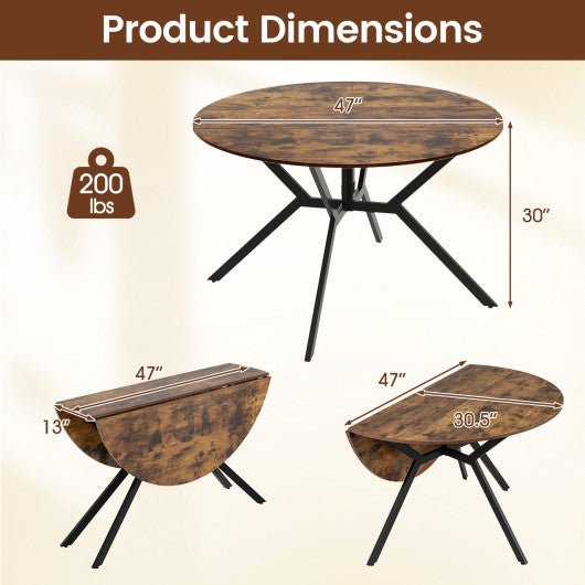 Folding Dining Table 47 Inch Extendable Round Kitchen Table with Drop Leaves-Rustic Brown