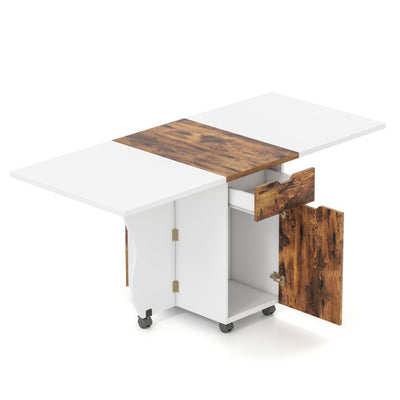 Folding Dining Table 3-in-1 Space-Saving Drop Leaf Kitchen Table with Lockable Wheels-Brown