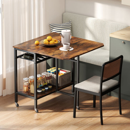 Folding Dining Table with Expandable Laptop with Wine Rack and Wheels-Rustic Brown