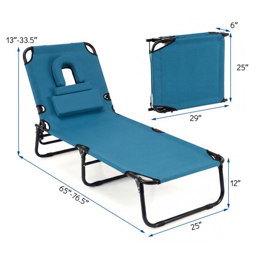 Folding Face Down Tanning Chair with Face Hole 3 Removable Pillows-Blue