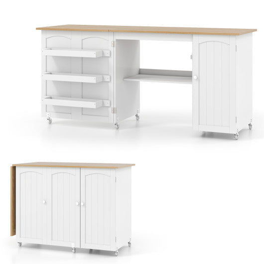 Folding Large Sewing Table Storage Shelves and Lockable Casters-Beige