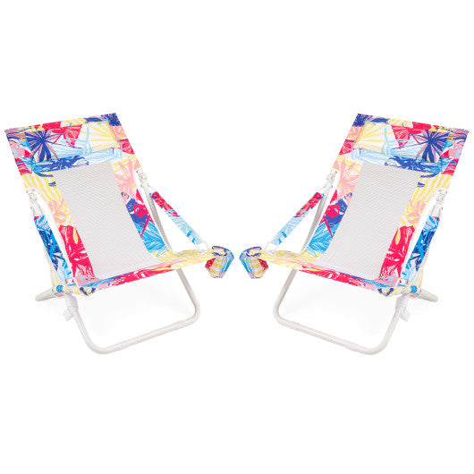 Folding Low Beach Chair Set of 2 Patio Sling Chairs with Padded Head Pillow-Pink