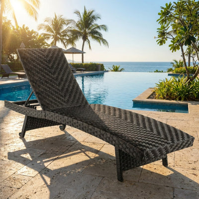 Folding Padded Rattan Patio Chaise Lounge with Adjustable Backrest and Quick Dry Foam