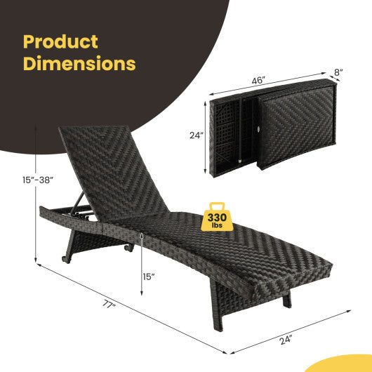 Folding Padded Rattan Patio Chaise Lounge with Adjustable Backrest Set of 2