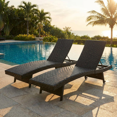 Folding Padded Rattan Patio Chaise Lounge with Adjustable Backrest Set of 2
