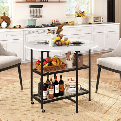 Folding Round Dining Table with Lockable Wheels-White