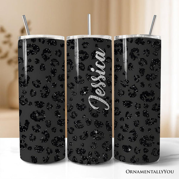 Black Glitter Leopard Print 20oz Personalized Tumbler With Lid and Stainless Steel Straw, Bold Animal Pattern Gift Cup