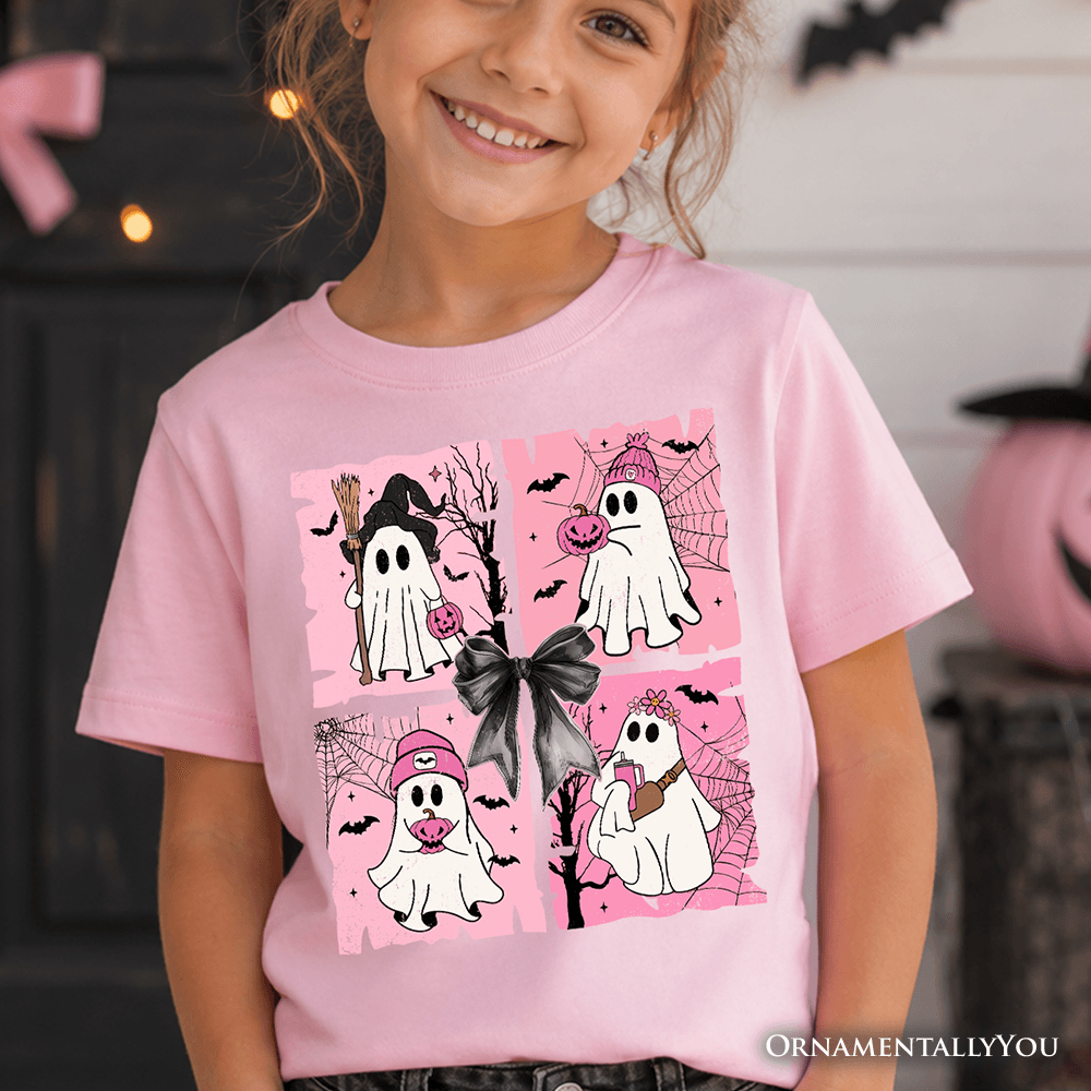 Kids Pink Halloween Ghost T-Shirt, Coquette Spooky Season Tee for Youth