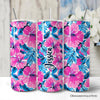 Pink and Blue Hibiscus Flowers 20oz Personalized Tumbler With Lid and Stainless Steel Straw, Vibrant Summer Floral Gift Cup
