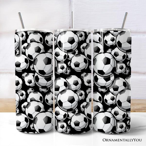 Black and White Soccer Ball 20oz Personalized Tumbler With Lid and Stainless Steel Straw, Football Sports Print Gift Cup