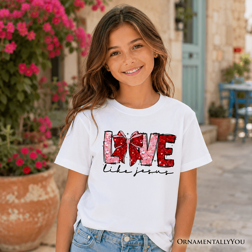Love Like Jesus Kids Valentine T-Shirt, Coquette Bow Christian Hearts Tee for Youth