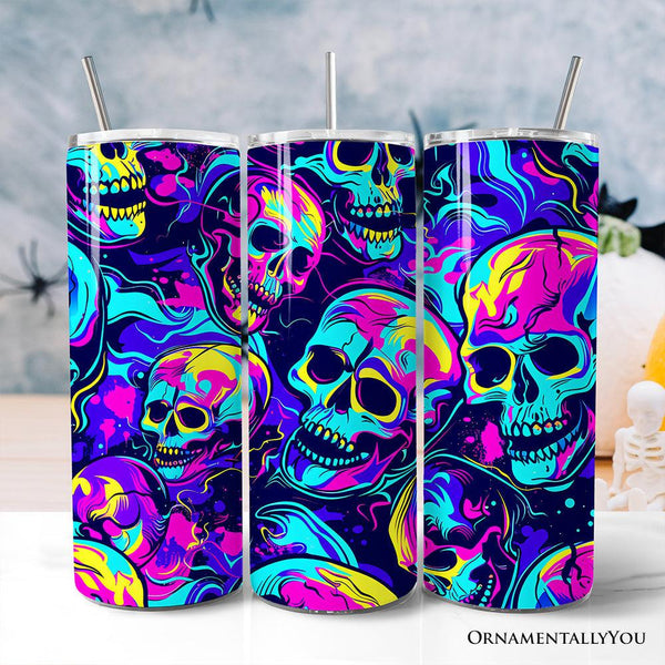Neon Skull Chaos 20oz Personalized Tumbler With Lid and Stainless Steel Straw, Psychedelic Horror Halloween Gift Cup