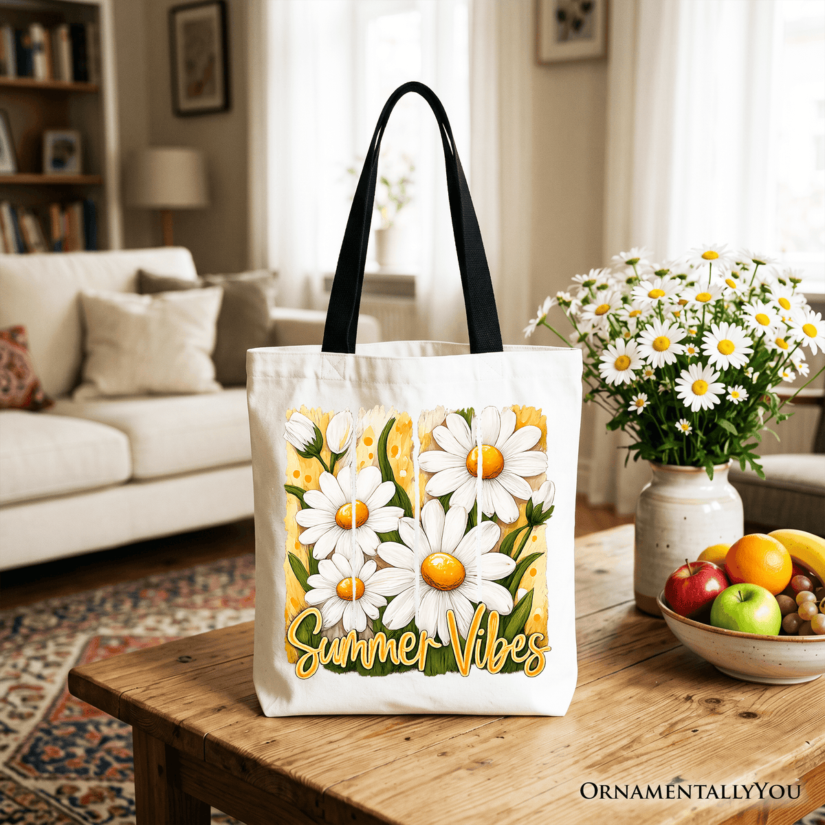 Summer Vibes Daisy Brushstroke Flowers Tote Bag, Aesthetic Gift Shopper