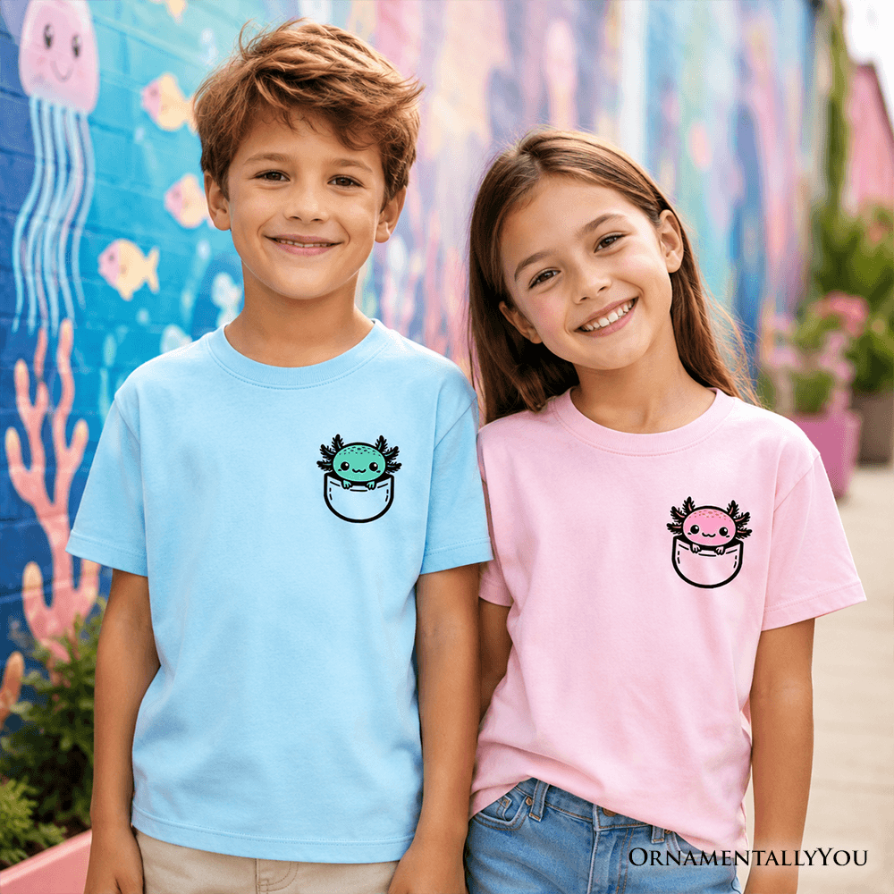 Kids Cute Pocket Blue Axolotl T-Shirt, Salamander Animal Tee for Youth