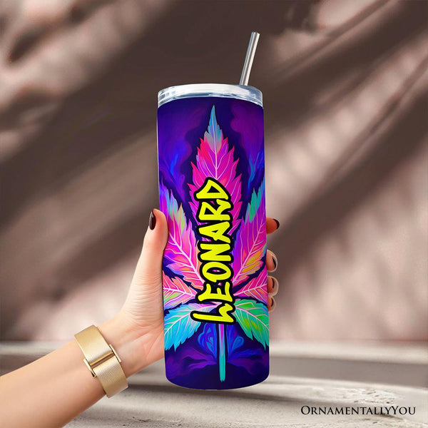 Neon Cannabis Leaf 20oz Personalized Tumbler With Lid and Stainless Steel Straw, Psychedelic Weed Aesthetic Gift Cup