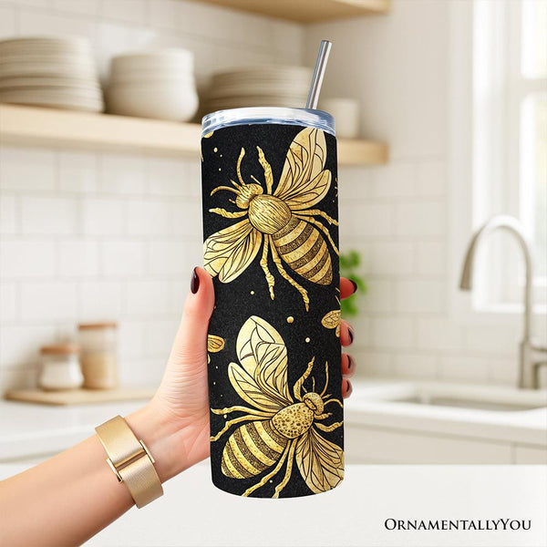 Black and Gold Bee Pattern 20oz Personalized Tumbler With Lid and Stainless Steel Straw, Elegant Apiarist Gift Cup