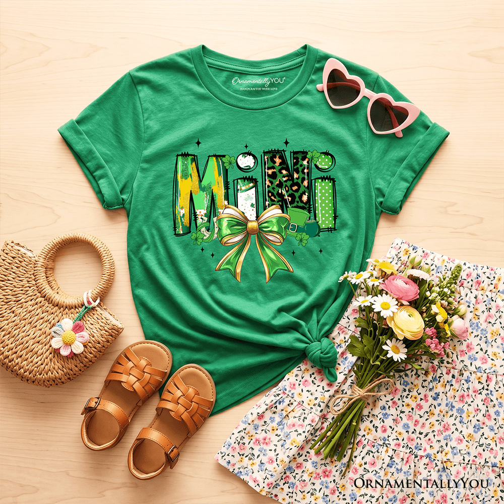 Kids Mini Clover Bow St Patrick's Day T-Shirt, Coquette Lucky Shamrock Clover Tee for Youth