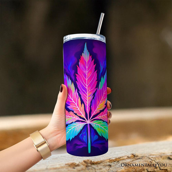 Neon Cannabis Leaf 20oz Personalized Tumbler With Lid and Stainless Steel Straw, Psychedelic Weed Aesthetic Gift Cup