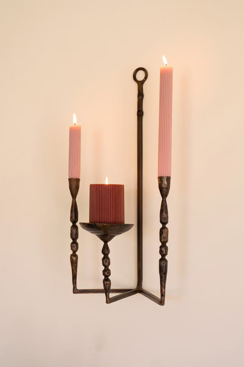 Forged-Iron Wall Taper and Pillar Candle Holder