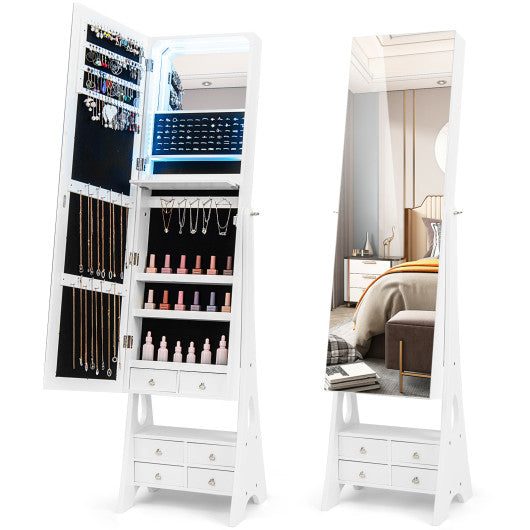 Freestanding Full Length LED Mirrored Jewelry Armoire with 6 Drawers-White