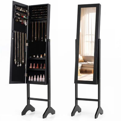 Freestanding Jewelry Armoire with Velvet Lining and Full Length Mirror-Black