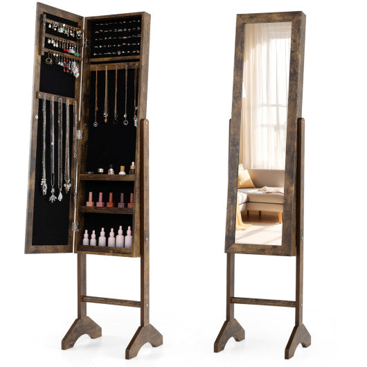 Freestanding Jewelry Armoire with Velvet Lining and Full Length Mirror-Brown