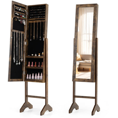 Freestanding Jewelry Armoire with Velvet Lining and Full Length Mirror-Brown