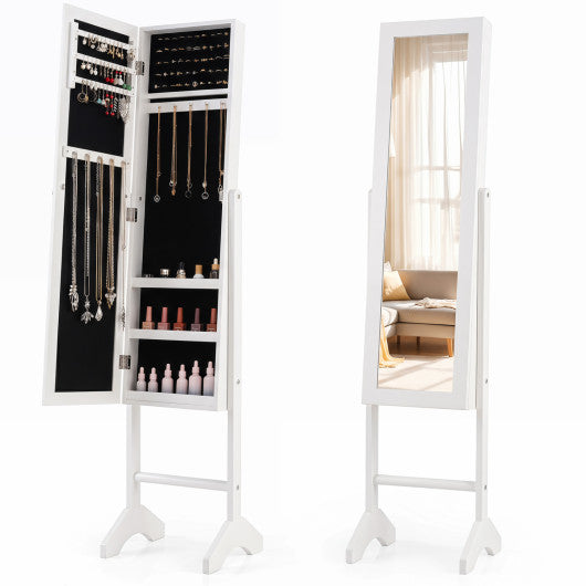 Freestanding Jewelry Armoire with Velvet Lining and Full Length Mirror-White