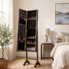 Freestanding Jewelry Armoire with Velvet Lining and Full Length Mirror-Brown