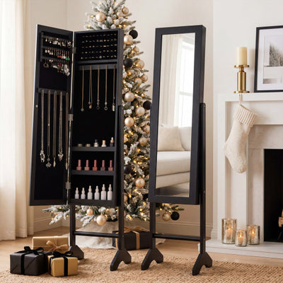 Freestanding Jewelry Armoire with Velvet Lining and Full Length Mirror-Black