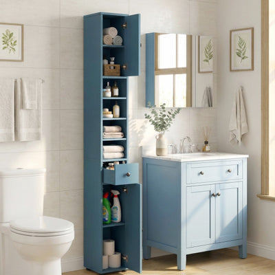 Freestanding Slim Bathroom Cabinet with Drawer and Adjustable Shelves-Blue