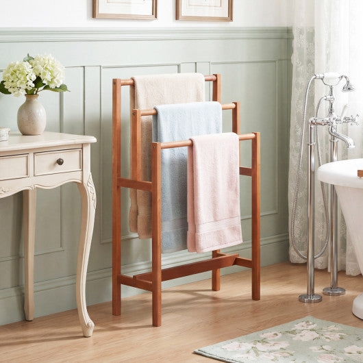Solid Wood 3-Tier Freestanding Towel Rack with Teak Oil Finish