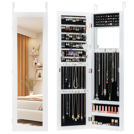 Full Length Mirror Jewelry Cabinet with Ring Slots and Necklace Hooks-White
