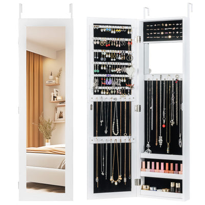 Full Length Mirror Jewelry Cabinet with Ring Slots and Necklace Hooks-White