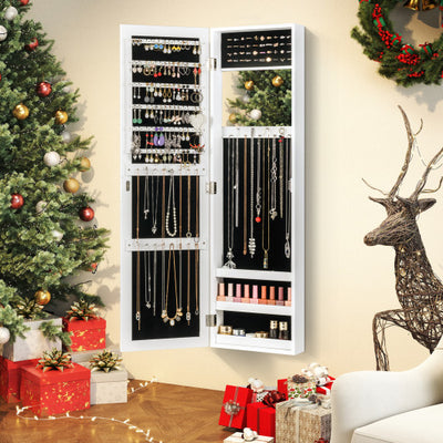 Full Length Mirror Jewelry Cabinet with Ring Slots and Necklace Hooks-White