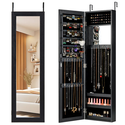 Full Length Mirror Jewelry Cabinet with Ring Slots and Necklace Hooks-Black